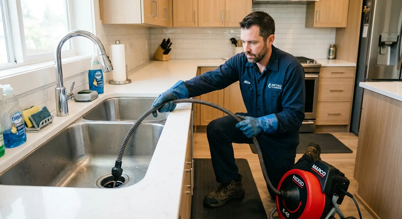 Drain cleaning technician using a motorized snake on a kitchen sink in North Madison
