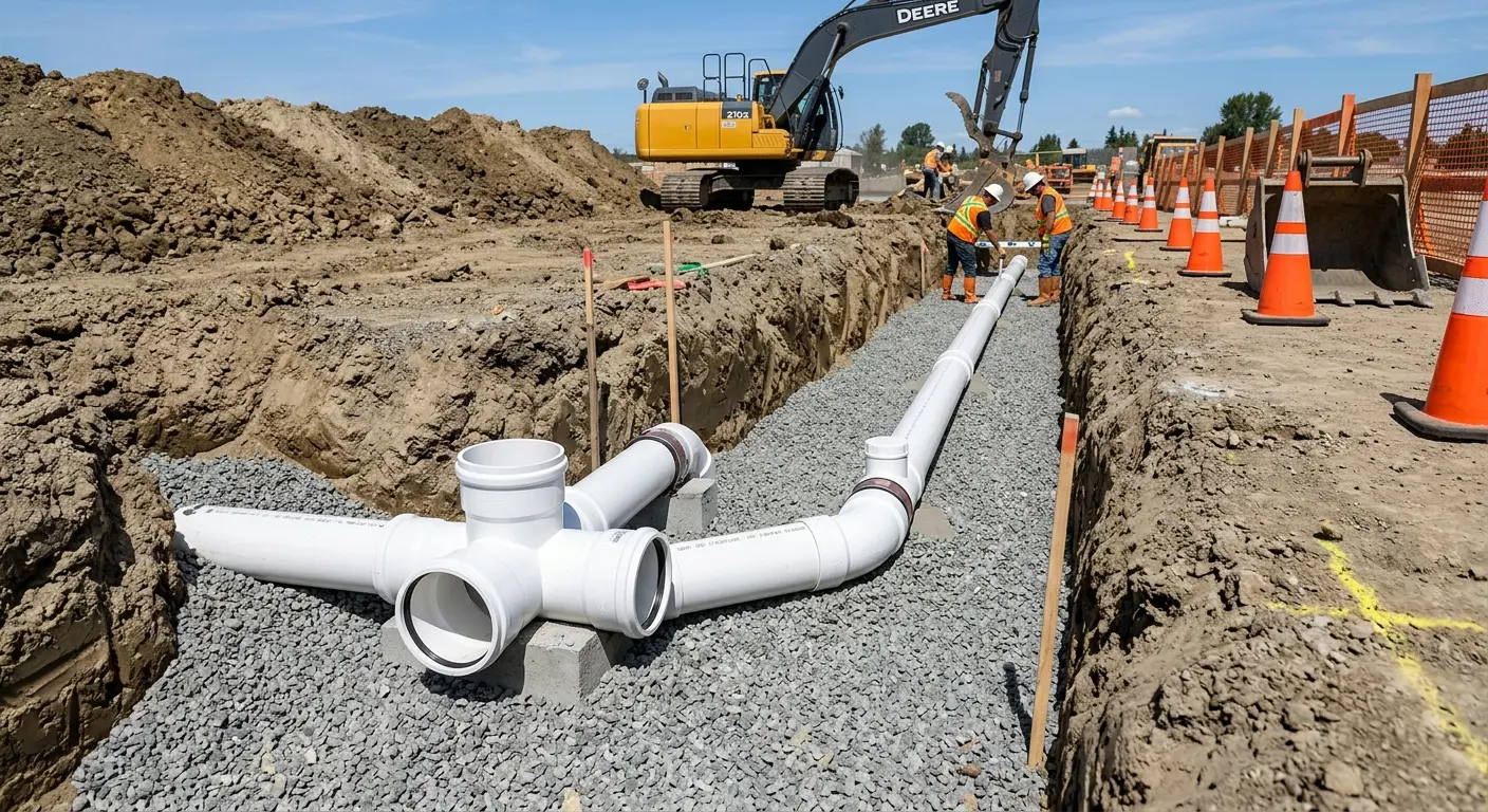 New PVC sewer pipe installation in open trench for Sewer Backup in North Madison