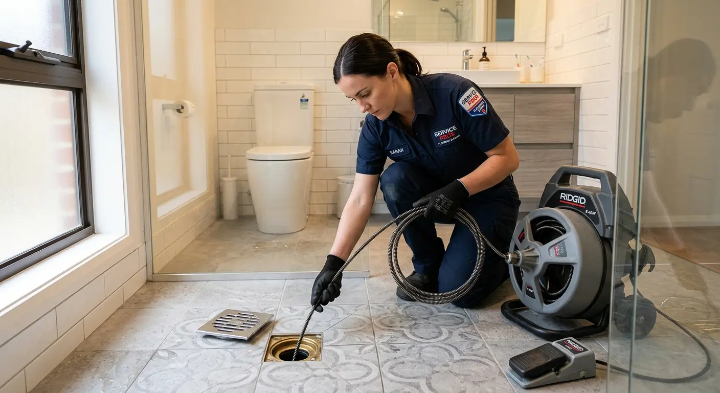 Technician clearing a bathroom floor drain for Drain Cleaning in North Madison
